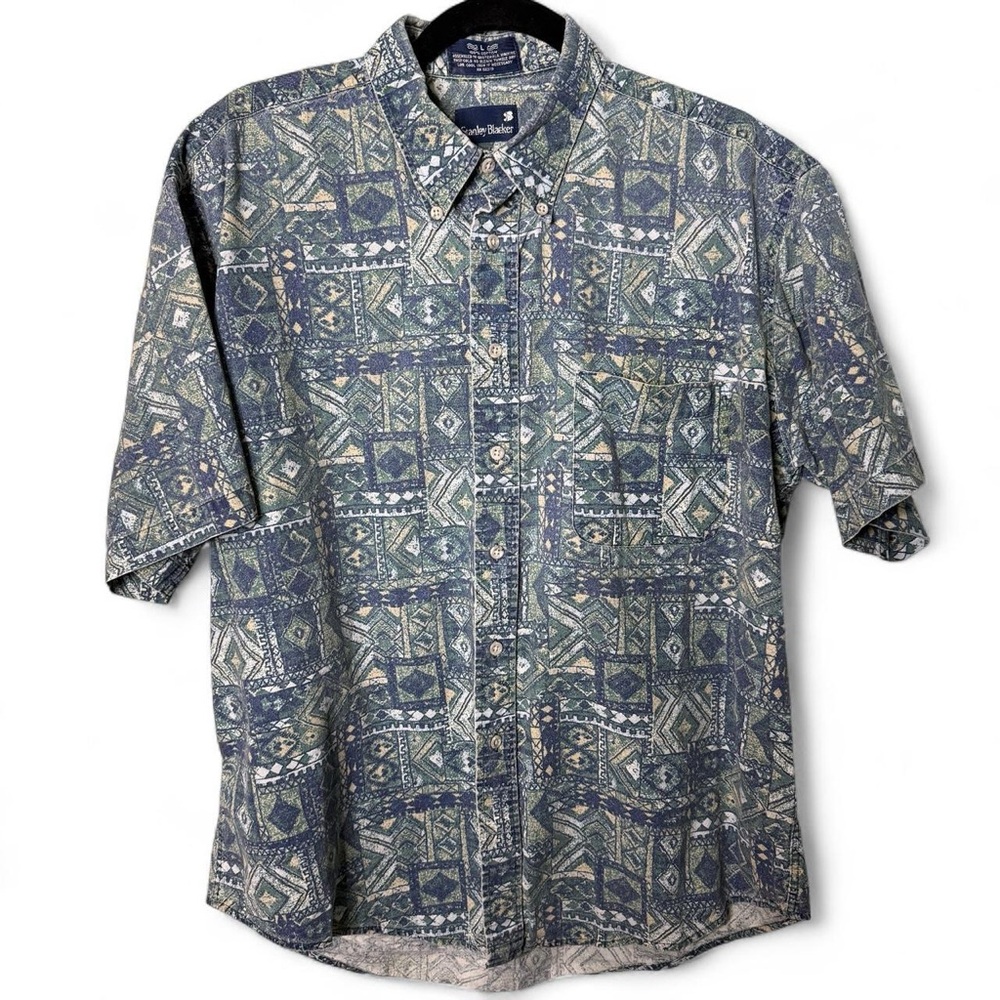 Southwestern blue and green button-up shirt
